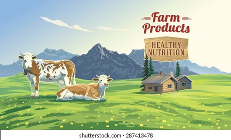 Mountain landscape with two cows and village in background. Vector illustration.