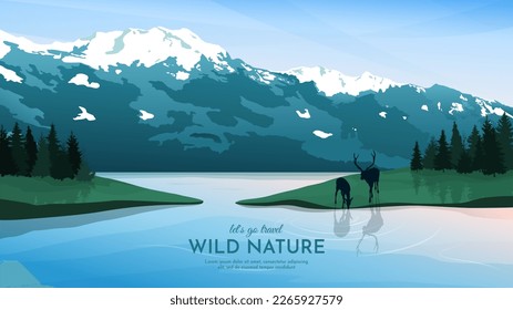 Berglandschaft. Zwei Hirsche auf einer Wiese nahe einem Fluss oder See. Hohe Berge mit schneebedeckten Gipfeln im Hintergrund. Sommerlandschaft. Vektorgrafik.