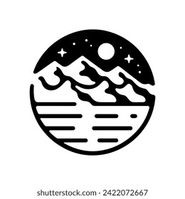 Mountain landscape under the starry night sky. Black nature icon. Vector illustration