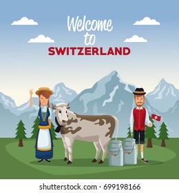 mountain landscape valley poster of welcome of switzerland with people of traditional costume and cow with metal jars