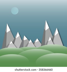 Mountain landscape. Vector applique with low-poly style.Design nature landscape illustration with moon, sky, hills.