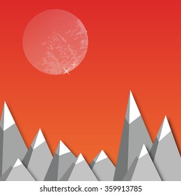 Mountain landscape. Vector applique with low-poly style.Design nature landscape illustration with moon, sky, peaks.