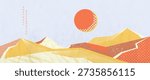 Mountain landscape vector background with abstract desert mountains with orange red sun and textured dunes in orange and yellow and red. Warm design for poster, wallpaper, banner, cover.
