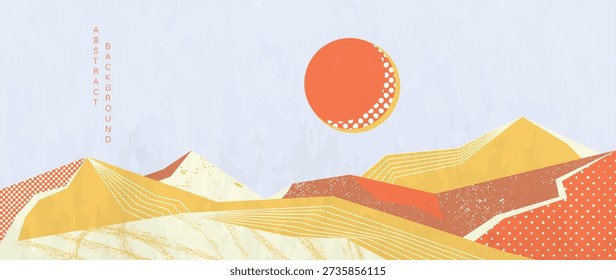 Mountain landscape vector background with abstract desert mountains with orange red sun and textured dunes in orange and yellow and red. Warm design for poster, wallpaper, banner, cover.