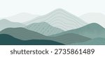 Mountain landscape vector background with layered green hills with contour lines in misty background in green and mint and teal. Peaceful design for wallpaper, header, web, print.