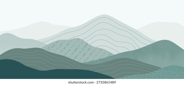 Mountain landscape vector background with layered green hills with contour lines in misty background in green and mint and teal. Peaceful design for wallpaper, header, web, print.