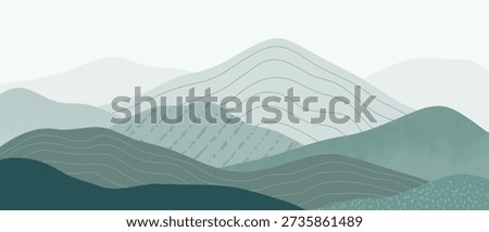 Mountain landscape vector background with layered green hills with contour lines in misty background in green and mint and teal. Peaceful design for wallpaper, header, web, print.