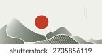Mountain landscape vector background with minimal line hills with red sun and soft gray background in gray and white and black. Minimal design for poster, branding, cover, template.