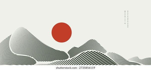 Mountain landscape vector background with minimal line hills with red sun and soft gray background in gray and white and black. Minimal design for poster, branding, cover, template.
