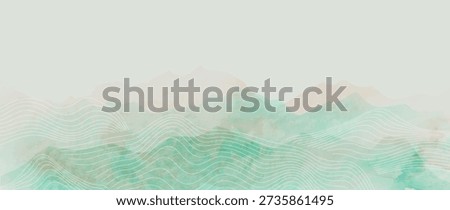 Mountain landscape vector background with soft mint haze mountains with gentle lines and copyspace in mint and green and cream. Dreamy design for wallpaper, header, web, branding.