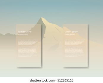 Mountain landscape vector background with tall peak in morning sunrise haze. Two overlay text spaces for presentation or infographics. Eps10 vector illustration