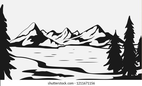 Mountain Landscape Vector Black On White Stock Vector (Royalty Free ...