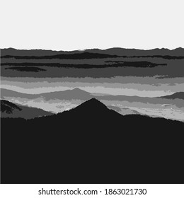 Montaña y paisaje vector negro sobre fondo blanco.
