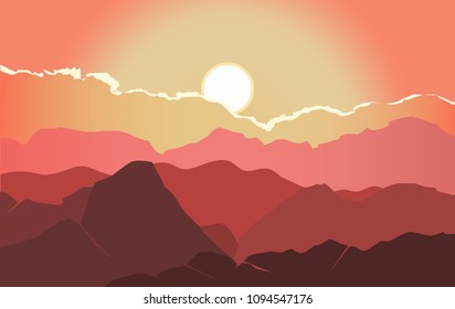 mountain landscape vector with a bright sunset. vector illustration in red tones. 