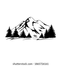 Mountain and landscape vector with fir trees. Black and white illustration