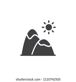 Mountain landscape vector icon. filled flat sign for mobile concept and web design. Mountain peaks and sun simple solid icon. Symbol, logo illustration. Pixel perfect vector graphics