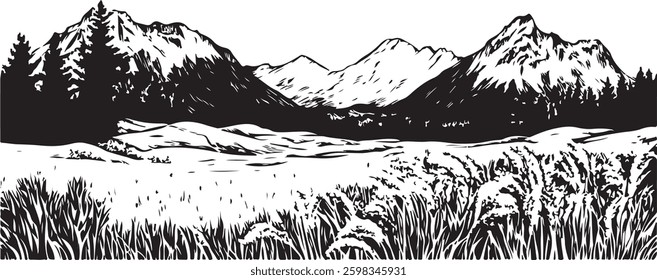 Mountain Landscape Vector Illustration. Black and White, Isolated.