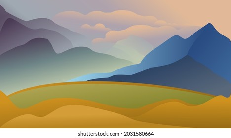 Mountain landscape, vector illustration. Blue high rock against the backdrop of the sunny sky. Meadow and glade. Delicate autumn shades. Sunset, dawn, fog. Colors: blue, orange, purple, green