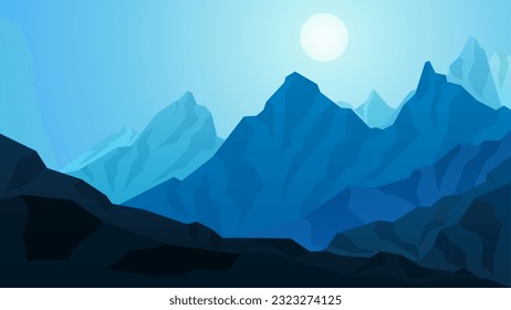 Mountain landscape vector illustration. Blue mountains ridge in the morning with clear sky. Mountain range landscape for background, wallpaper, display or landing page. Vector gradient style