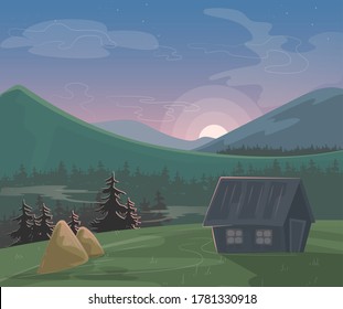 Mountain landscape vector illustration. Cartoon beautiful summer morning or evening nature scenery, village with house haystack, green natural farmland field, sun low on mountainous horizon background