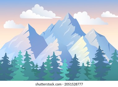 Mountain landscape vector illustration. Cartoon flat panorama of spring summer beautiful nature,  forest, scenic.