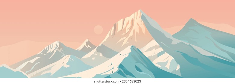 Mountain landscape vector illustration. Cartoon flat panorama of beautiful nature, snow covered scenic mountains