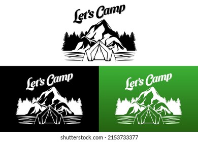 Diseño de la ilustración de vectores de paisaje de montaña, vamos a acampar