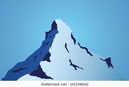 Mountain Landscape Vector Illustration Drawing. White Snow Covered Peak with blue sky background