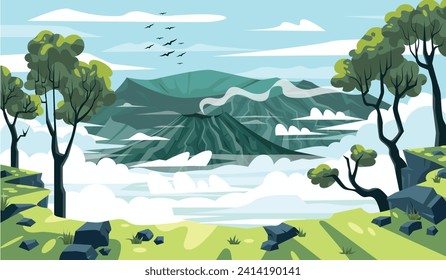 Ilustración de vectores de paisajes de montaña con estilo de ilustración plano. Ilustración vectorial del Monte Bromo en estilo de ilustración plana.