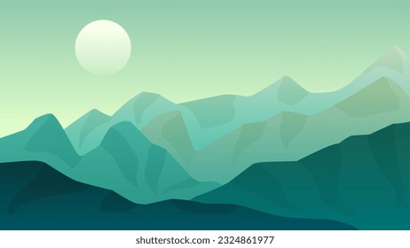 Mountain landscape vector illustration. Green mountains ridge in the morning with clear sky. Mountain range landscape for background, wallpaper, display or landing page. Vector gradient style