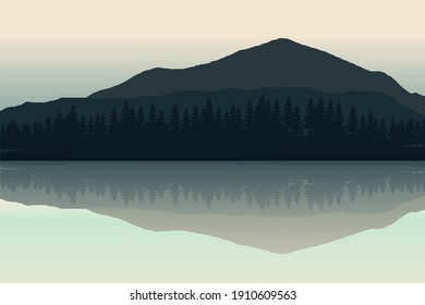 mountain landscape vector illustration with lake reflecting the scenery