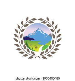 mountain and landscape vector illustration of leaf decoration emblem