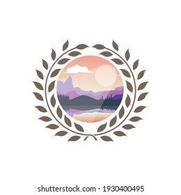 mountain and landscape vector illustration of leaf decoration emblem