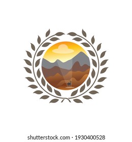 mountain and landscape vector illustration of leaf decoration emblem