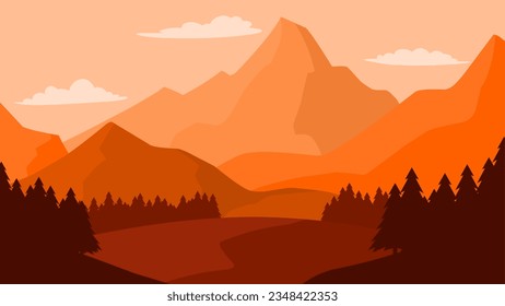 Berglandschaft, Vektorgrafik. Orangefarbene Berge mit Kiefernwald. Berglandschaft für Hintergrund, Bildschirmhintergrund, Anzeige oder Landung. Panoramabild im Vektor-Flachstil