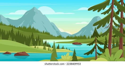 Paisaje montañoso. Ilustración vectorial de la naturaleza montañosa panorámica con río, prados verdes, bosque y lago azul. Fondo horizontal de primavera y verano. Viajes, senderismo y turismo de aventura