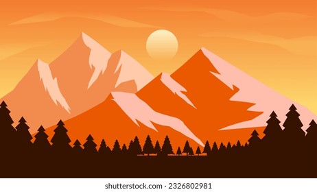 Mountain landscape vector illustration. Mountain peak view with pine forest and sunset sky. Mountain range landscape for background, wallpaper, display or landing page. Design vector background