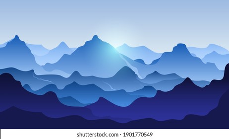 Mountain landscape vector Illustration with mountain peaks. Can be used for mountaineering and traveling, outdoor recreation and vacation concepts.