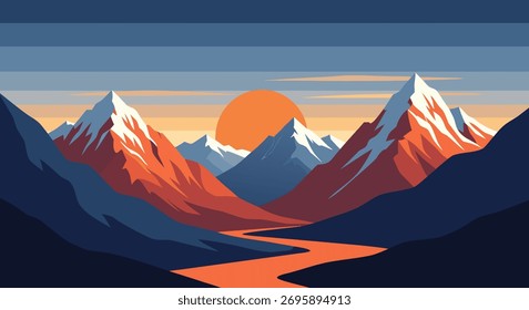Ilustración vectorial de paisaje de montaña con vistas al río y al atardecer