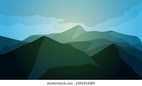 Mountain landscape vector illustration. Scenery of mountain range with cloudy sky in the morning. Mountain panorama for background, wallpaper or illustration