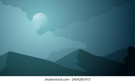 Mountain landscape vector illustration. Scenery of mountain range with cloudy sky in the night. Mountain landscape for background, wallpaper or illustration