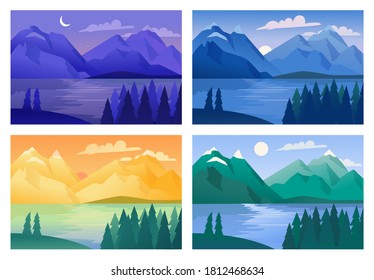 Mountain landscape vector illustration set. Cartoon summer collection of mountainous natural landscape backgrounds with green forest and lake in morning, afternoon, evening and night, nature panorama