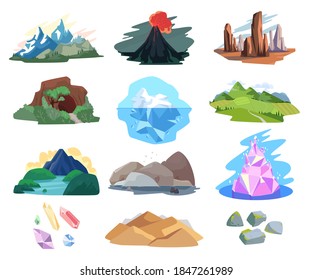 Conjunto de ilustraciones vectoriales del paisaje de montaña. Caricatura montañosa plana rango natural nevado pico, bosque silvestre y pradera en pendiente, iceberg flotante, naturaleza silvestre colección de terreno aislado en blanco