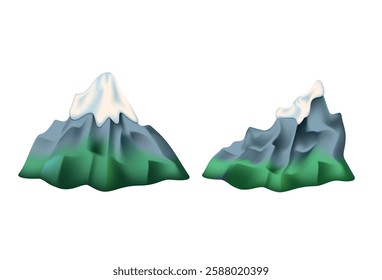 Mountain landscape vector illustration set, collection of mountains in 3D design style. Cute mountain vector set cute cartoon style. Snowy mountain top, mount relief brown hills canyon relief outdoor