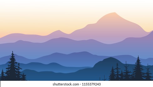 Mountain landscape vector illustration. Silhouettes of mountains and conifer trees against sunset sky background