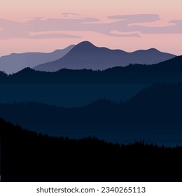 Mountain landscape vector illustration, simple square composition of pine mountains and sky in purple tones