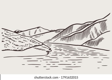 Ilustración vectorial del paisaje de montaña en estilo de esbozo. Estilo gráfico, imitando el grabado.