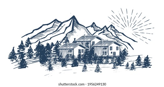 Mountain landscape, vector illustration, sketch style.	