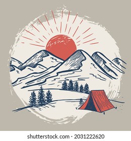 Paisaje de montaña, ilustración vectorial, estilo de esbozo.	
