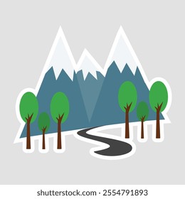 Mountain Landscape Vector Illustration Sticker. A breathtaking mountain landscape sticker with lush greenery and majestic peaks, perfect for outdoor and travel designs